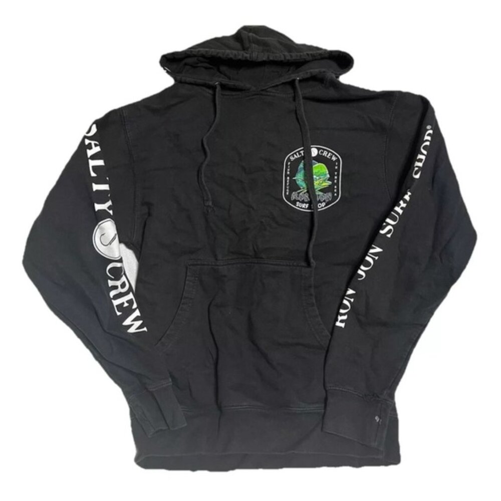 Ron Jon Surf x Salty Crew Graphic Hoodie Sweatshirt Size S Black Beach Fishing
